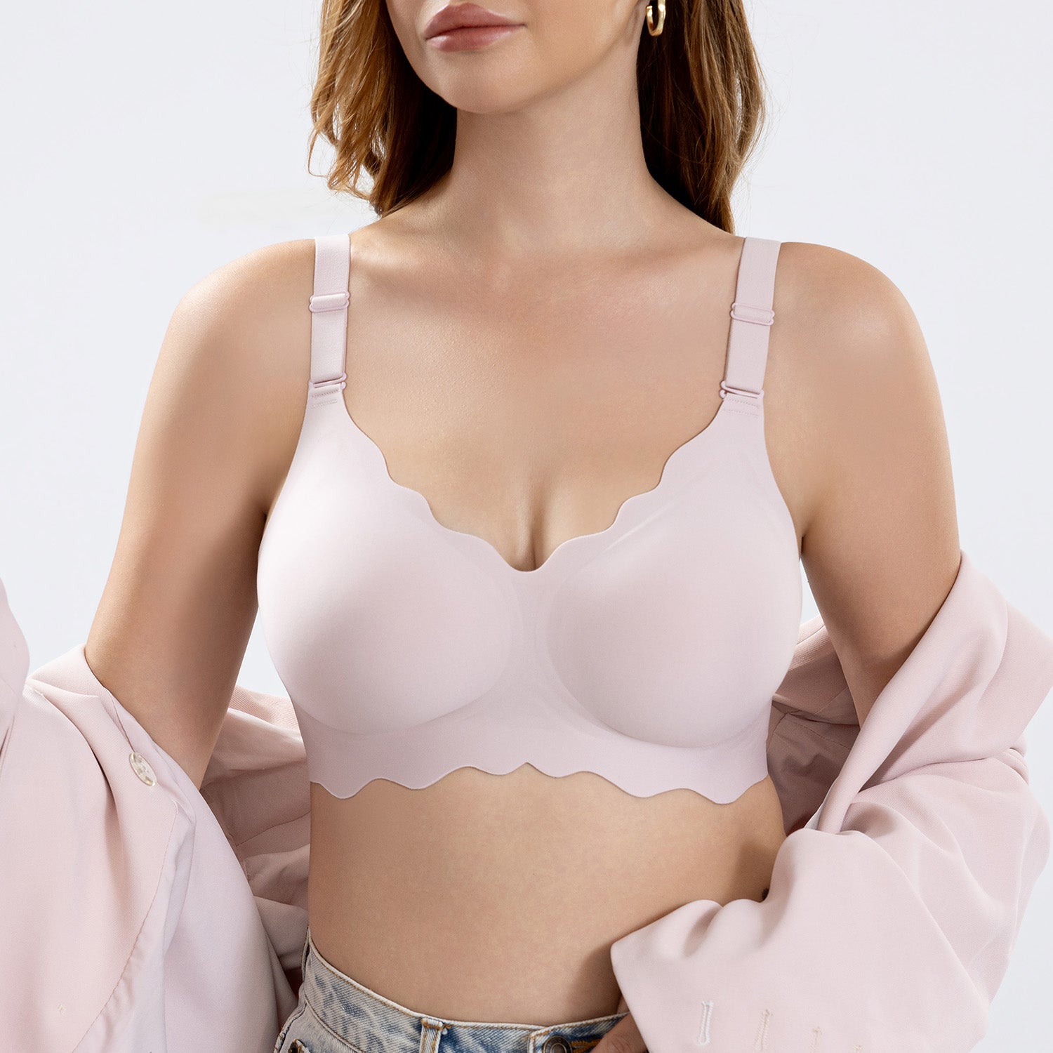 PQK Wireless Seamless T Shirt Push Up Bras with Wavy Edge